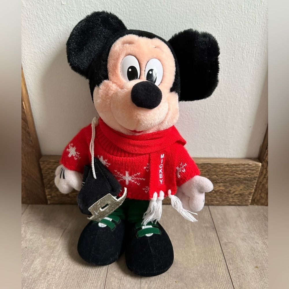 Vintage Disney Mickey Mouse Winter Ice Skates Christmas Sweater Scarf Plush 12"